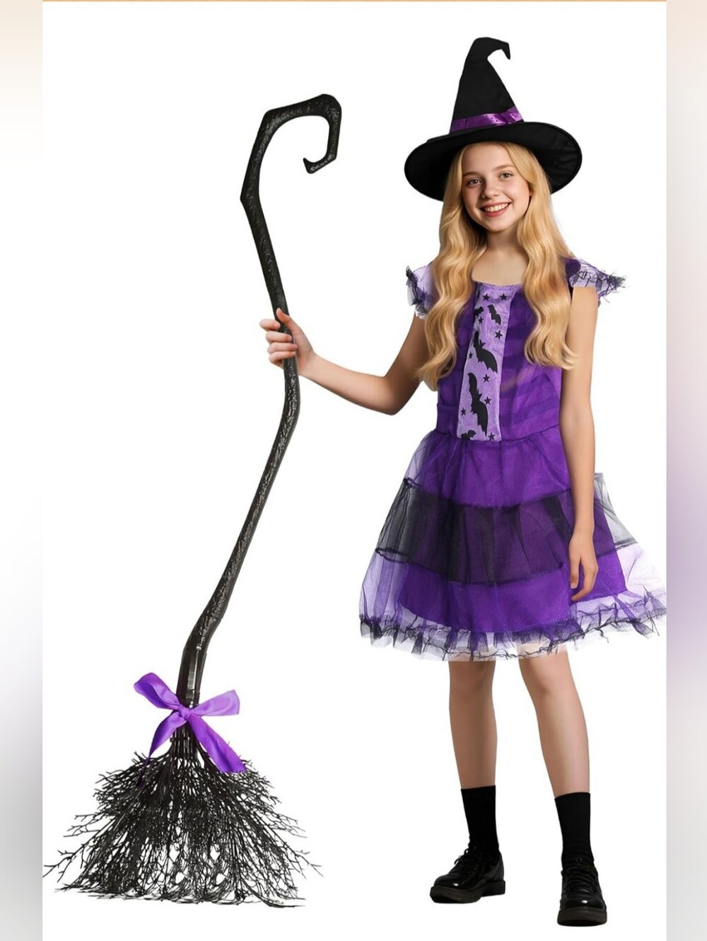Kids Witch Halloween Costume Set Size M Purple Dress Hat & Broom